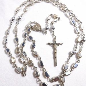 Silver tone Beads Rosary Cross necklace Italy